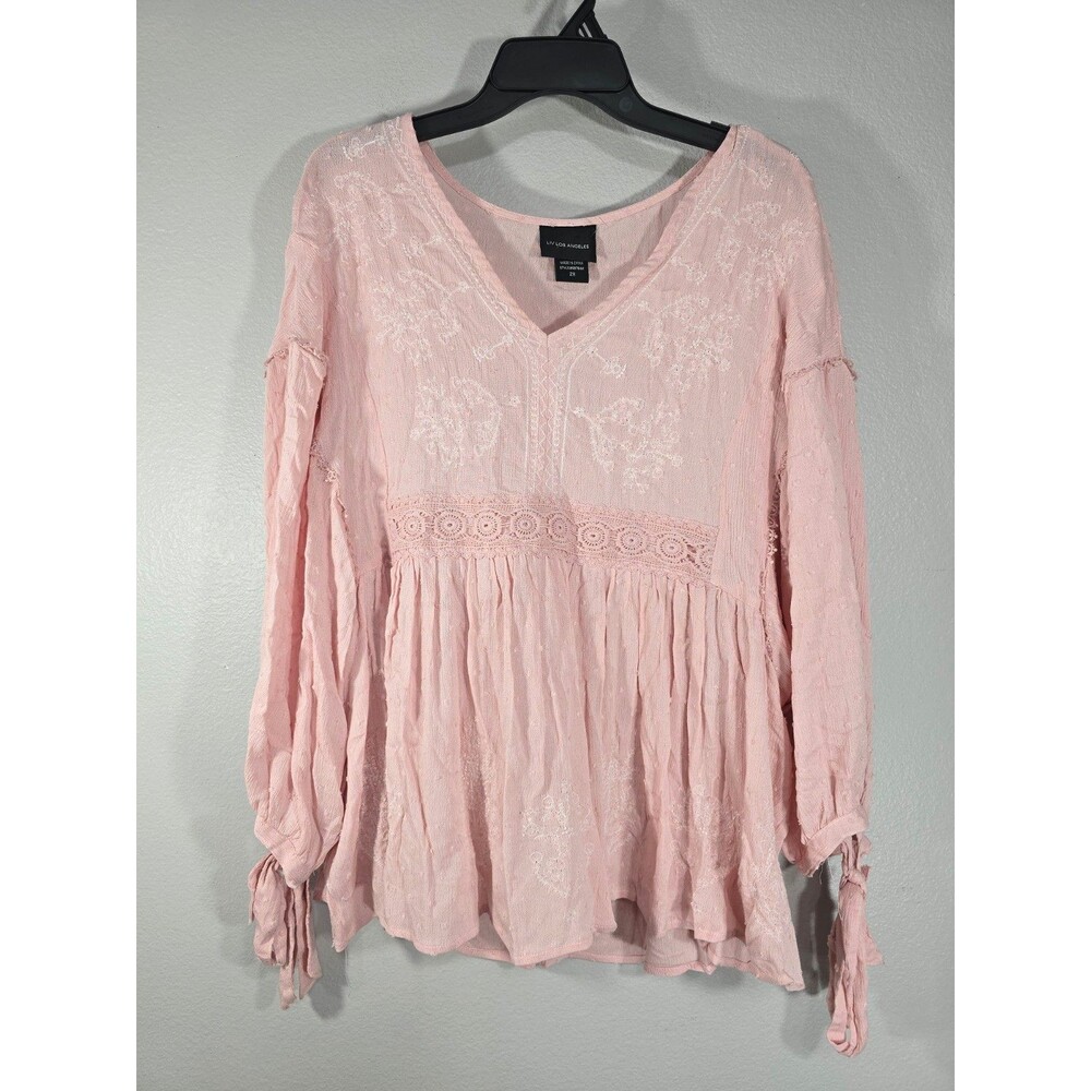 Liv Los Angeles Babydoll Top Blouse Size 2x V-Neck Embroidered Pink Boho BW